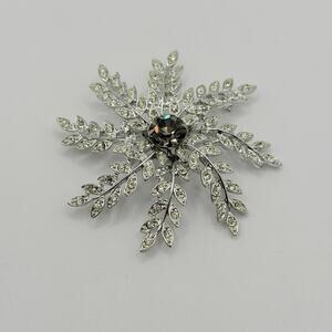 Vintage 1963 Sarah Coventry Silver Tone Rhinestone Snowflake Leaf Brooch 2.5"
